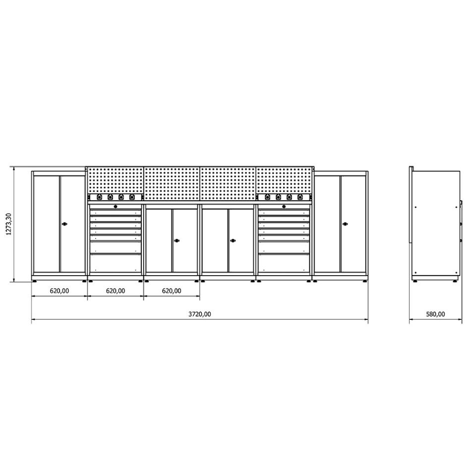 3,72 Metre Modüler Çalışma Tezgahı | Prizli ve Panolu